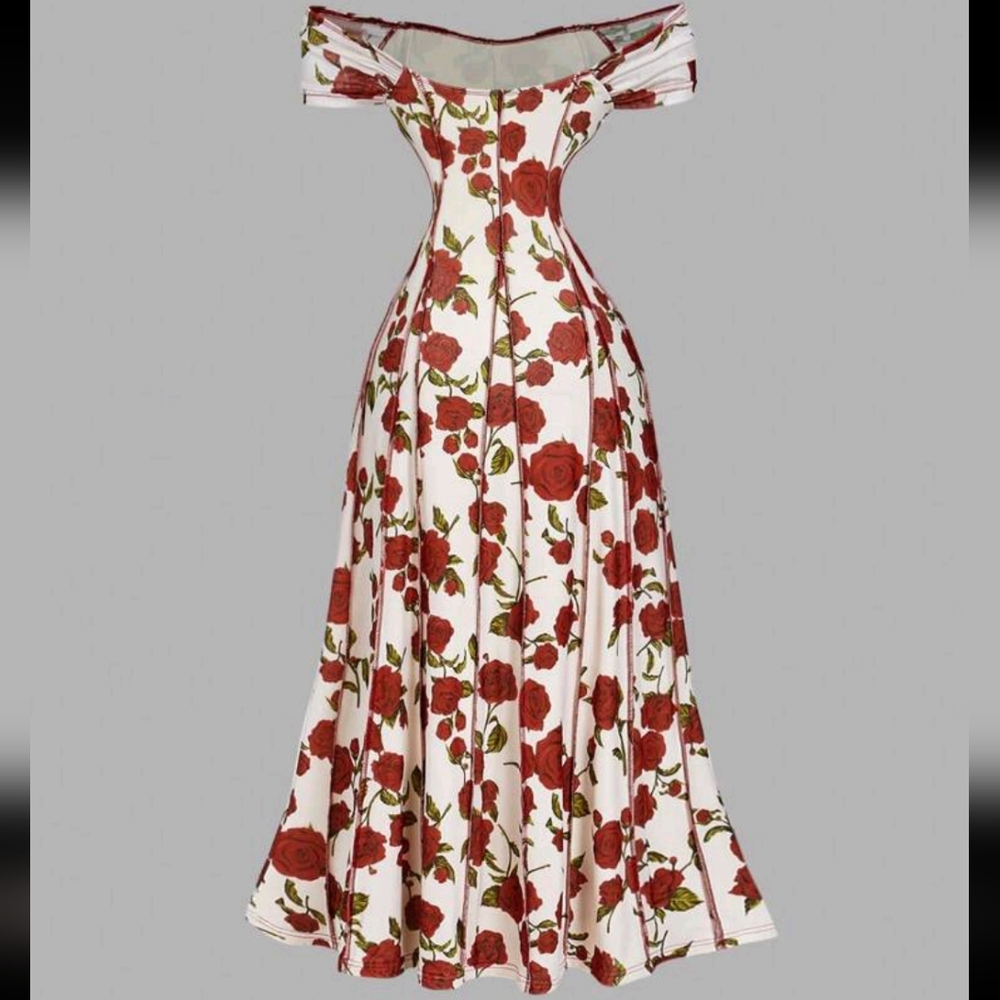 Off-The-Shoulder Retro Floral Color Block Elegant Dress, Vintage Dress - Picture 2 of 4